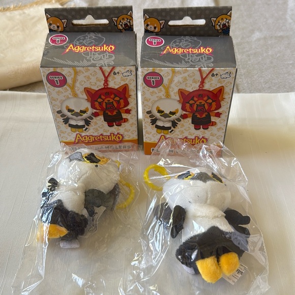 Aggretsuko Washimi Plush Danglers lot of 2 Backpack clips 4" tall New - Picture 1 of 5